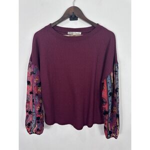 Gypsies & Moondust Waffle Knit Top Women Small Burgundy Boho Floral Paisley Folk